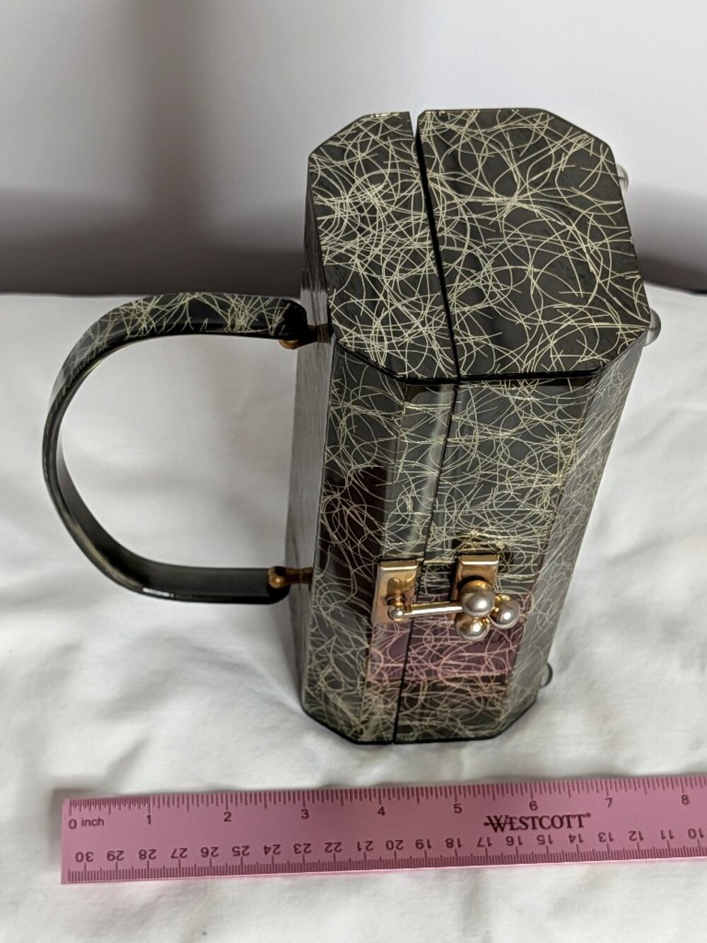 Wow PATRICIA OF MIAMI Dark Olive & Gold Streak Lucite Purse 1950s, VG Condition - Picture 4 of 8